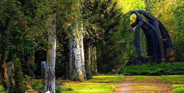 Cemetery in a forest with unique gravestones