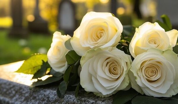 flowers on tombstone