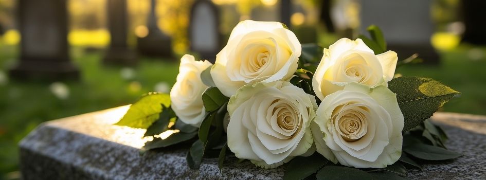 flowers on tombstone